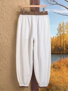 Rusticease Plus Size Women's Fall/Early Spring Casual Fashion Vacation Vintage Casual Country Patchwork Contrast Color Ruffle Button Decor White Pants With Pockets, , Plus Size  Suitable For Early Spring, Going Outs,2026 New ,Simple And Fashionable For Everyday Wear, White Beach Pants, Women Summer Pants, Vacations Women ,Holidays For Women, Spring Women, Valentine's Day ,Valentines For Women, - White - View 3