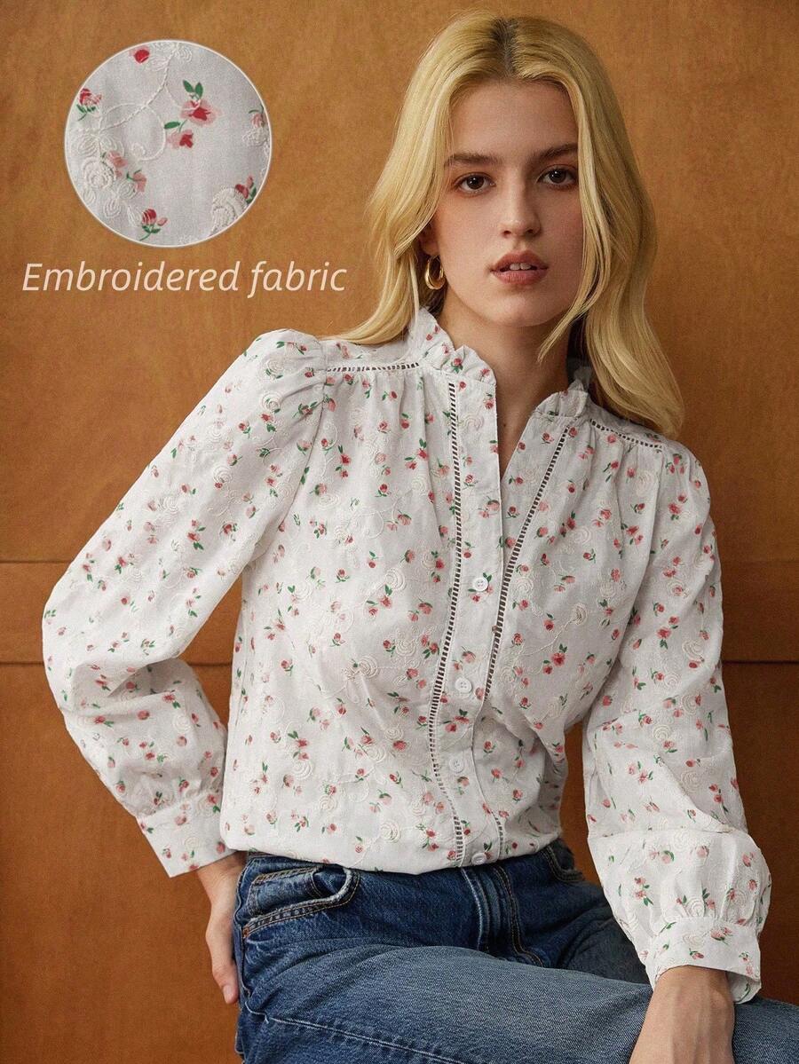 Écloséra French Retro 3D Floral Lace Trim Puff Sleeve V-Neck Embroidered Printed Fabric Women Blouse, Spring/Summer - Red - View 1