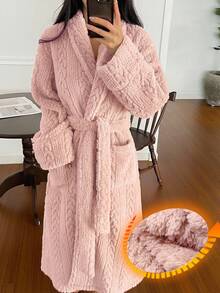 DAZY Women's Minimalist Textured Fleece Long Robe, Winter Loungewear - Pink - View 3