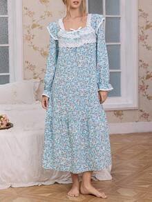 CottageSlumber French Countryside Romantic Ruffle Ditsy Floral Women Nightgown Sleepwear Pajamas Dress, Fall & Winter - Multicolor - View 3