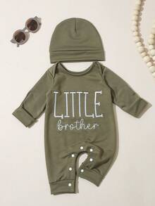 SHEIN 2Pcs Set Newborn Boy Photography Outfits Little Brother Embroidery Baby Coming Home Outfit Baby Shower Gift 1 Month 3 Month Infant Photo Props - Green - View 6