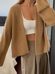DAZY كارديجان محبوك أنيق بأكمام طويلة وفضفاض بلون واحد، خريف/شتاء - كاكي - مشاهدة 3