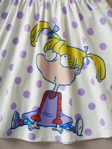 Nick 90s | SHEIN Baby Girl Cartoon Figure Graphic Purple Jacket & Purple Polka Dot Cute White Tank Dress, 2 Piece Set - Purple - View 7