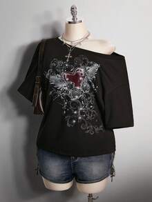 SHEIN ICON Plus Size Retro Y2K Punk Gothic Grunge Rock Heart Wings Rhinestone Asymmetrical Shoulder Loose Black T-Shirt,Sommar,Night Out Club - Black - View 4