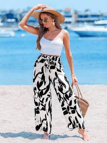 Sylviya Pantalones rectos de mujer con estampado geométrico y detalle de moño, de temporada - Blanco y Negro - Ver 4