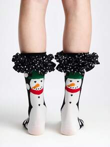 ROMWE Kawaii Women's Polka Dot Pattern Mesh Splice Ruffle Trim Cute Crew Socks - Black and white A - View 2