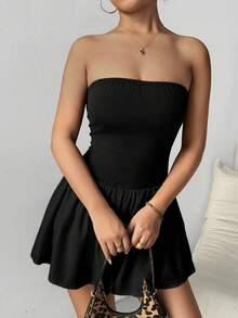 Chiquease 女士純色簡約日常無肩帶連衣裙 - 黑色 - 查看 6