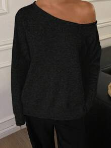 Livesso 秋冬新款宽松休闲不对称肩部设计女式毛衣 - 黑色 - 查看 3