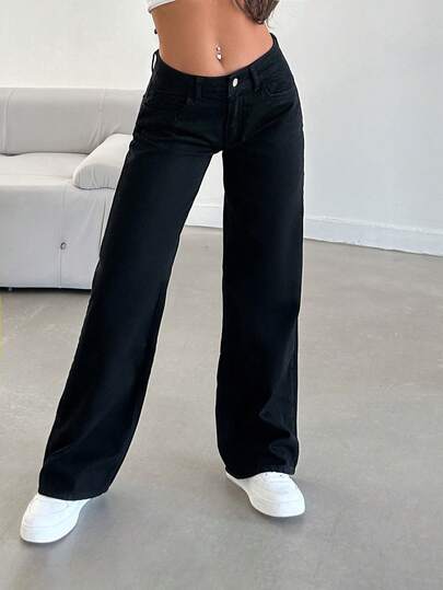 SHEIN PETITE Enfärgade lågmidjade trendiga raka ben i lös passform med DENIM PETITE-JEANS