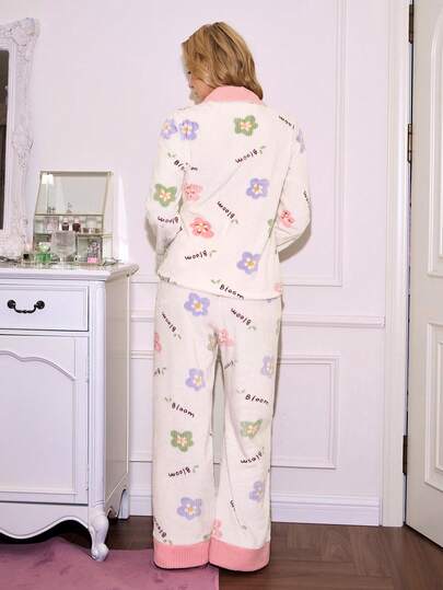 SweetSlumber Cozy Bloemen Print block Collar Women Pajama Set, Loungewear Pj Set Pyjama Sleepwear view 2