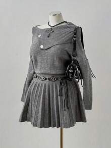 Sunspun 新款秋冬性感俏皮翻领百褶下摆针织连衣裙 - 灰色 - 查看 7