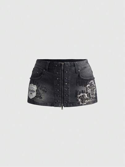 Grunge Punk Y2K Vintage Distressed Punk Star & Palm Print Embroidery Rivet Decor Women Denim Shorts