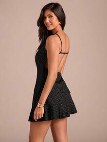 Enchnt Spring/Summer Romantic Women's Polka Dot Backless Top & Pleated Mini Skirt Set,Chic&Elegant For Party&Date&Holiday&Graduation&Going Out - Black and White - View 2