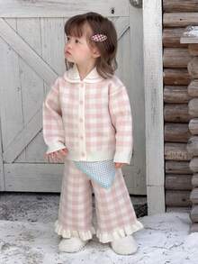 DAZY 2pcs/Set Toddler Girls' Plaid Korean Style Cute Sweater Jacket & Knit Pants Set