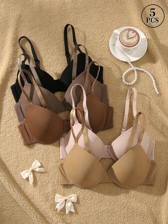 5件套女士纯色舒适透气简约设计内裤，带钢圈