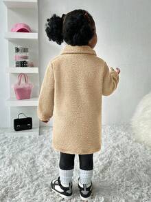 SHEIN Playful Pals 女宝宝厚羊毛长外套，百搭日常穿着，适合外出，秋冬 - 卡其色 - 查看 2