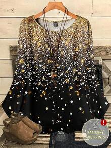 EMERY ROSE Camicia casual oversize da donna con stampa all-over, collo rotondo, maniche 3/4 larghe. Top con paillettes da donna in stile boho per autunno/inverno, con strass, top nero luccicante e paillettes, top di lusso per taglie forti. - Multicolore - Visualizzare 1