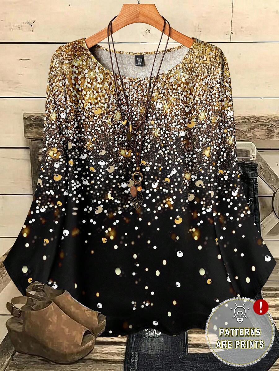 EMERY ROSE Camicia casual oversize da donna con stampa all-over, collo rotondo, maniche 3/4 larghe. Top con paillettes da donna in stile boho per autunno/inverno, con strass, top nero luccicante e paillettes, top di lusso per taglie forti. - Multicolore - Visualizzare 1