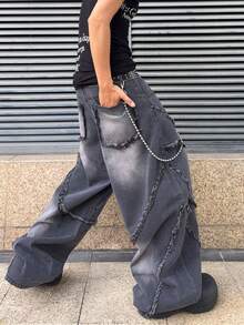 ROMWE MEN Street Life Quần Jeans Nam Co Giãn, Rách Viền Cong - Màu xám đen - Xem 4