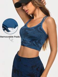 Gameset SHEIN Sport Sujetador deportivo sin costuras de alta elasticidad para aeróbic, yoga y fitness con espalda cruzada para mujeres - Azul Marino - Ver 4