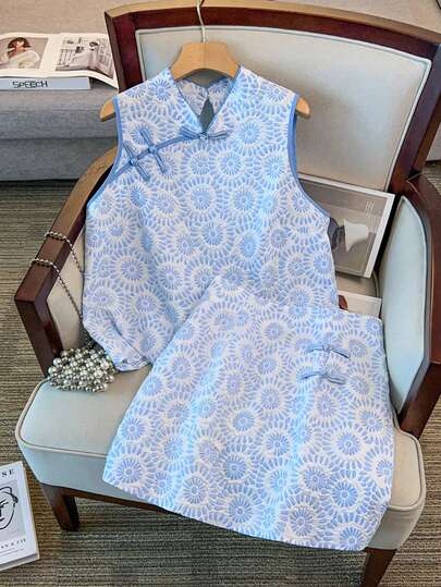 GlowEve CURVE ชุดเสื้อเบลาส์แขนกุดและกระโปรงมิดดี้ดีไซน์กระดุมสไตล์จีนใหม่แฟชั่นสำหรับสตรีไซส์ใหญ่ สง่างามสำหรับใส่ในชีวิตประจำวัน, ออกเดท, เดินทาง