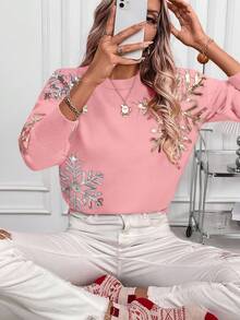 LanaWest Women's Casual Christmas Patchwork Sequin Snowflake Pattern Dropped Shoulder Loose Knit Sweater, Autumn/Winter - Pink - View 1