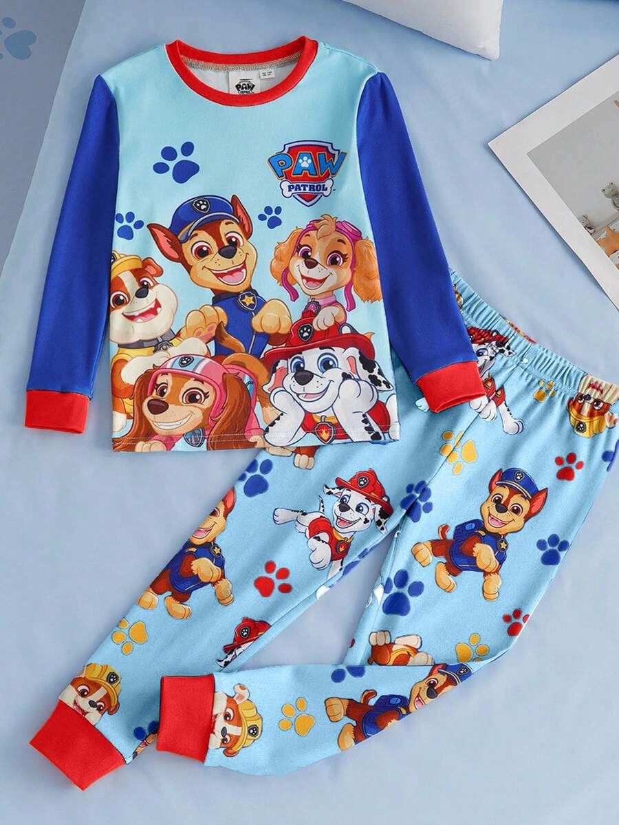 SHEIN | PAW Patrol 2件套男童休闲卡通小狗印花圆领长袖上衣和打底裤舒适弹力睡衣套装 - 藍色 - 查看 1