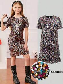 Tween Girl Cute & Gradient Faux Pearl Embellished Round Neck Dress, Suitable For Wedding Season ,Christmas,Birthday Gift,Party Wear,Mom And Daughter & Sisters Matching. - Black - View 1