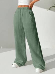 EURMUSE Quần ống rộng đơn sắc, rộng rãi, thường ngày bằng cotton, thắt eo cho nữ - Màu xanh Bạc hà - Xem 6