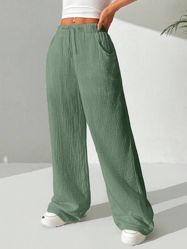 EURMUSE Women's Solid Color Waist Tie Loose Wide Leg Casual Cotton Pants - Mint Green - View 6