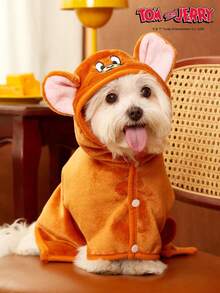 TOM & JERRY X PETSIN 一件装刺绣大耳朵老鼠脸宠物猫狗通用棕色毛绒舒适吸水连帽浴袍 - 棕色 - 查看 7