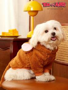 TOM & JERRY X PETSIN 1 件装 Jerry 刺绣立体耳朵装饰可爱双面毛绒材质保暖舒适连帽衫狗狗连帽衫 Jerry Cosplay 连帽衫 - 棕色 - 查看 9