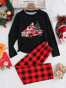 SHEIN Tween Boy Christmas Santa Claus&Plaid Pattern Pajama Set,Cute Holiday Black Autumn Long Sleeve Crew Neck Comfortable Snug Fit Minimalist Sleepwear - Red - View 1