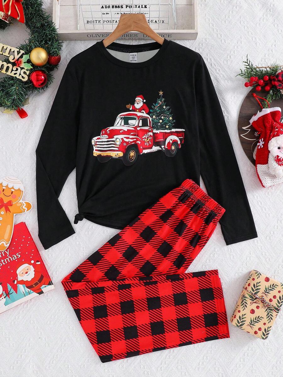 SHEIN Tween Boy Christmas Santa Claus&Plaid Pattern Pajama Set,Cute Holiday Black Autumn Long Sleeve Crew Neck Comfortable Snug Fit Minimalist Sleepwear - Red - View 1