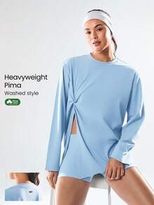 GLOWMODE Pima-Baumwolle, bereit oder geknotet, weich, atmungsaktiv, leicht, mit Twist-Detail vorne, asymmetrischer Saum, oversized Rundhals-Langarmshirt für Gym, Studio, Herbst, Winter, Alltag, Lässig - Babyblau - Übersicht 1