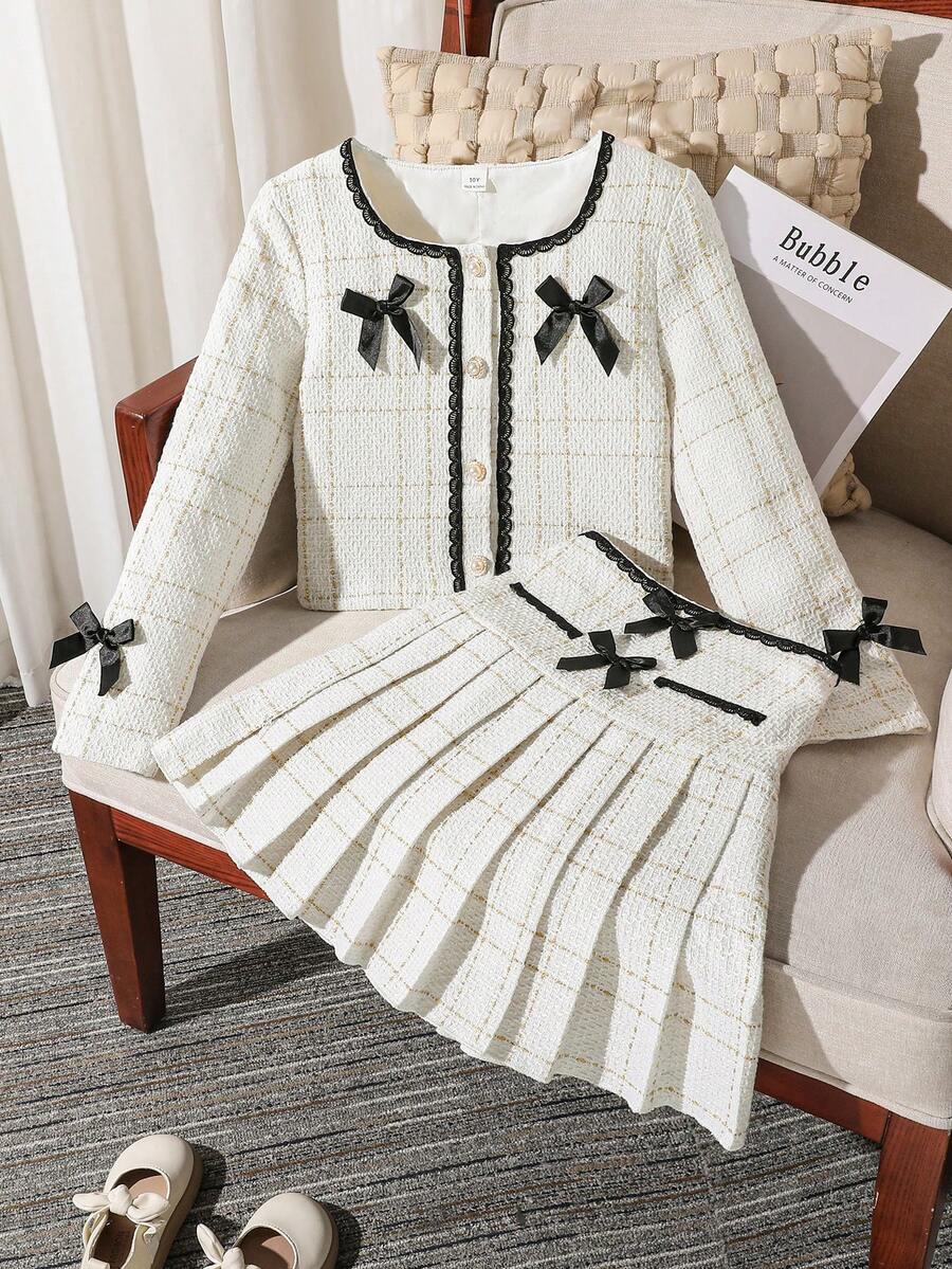 SHEIN Tween女孩秋季套裝 2件/套,迷你套裝,包含兩件單品:短款粗花呢夾克 - 杏色 - 查看 1