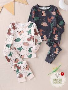 4件套新生男宝宝休闲可爱恐龙印花长袖连体衣和裤子家居服套装