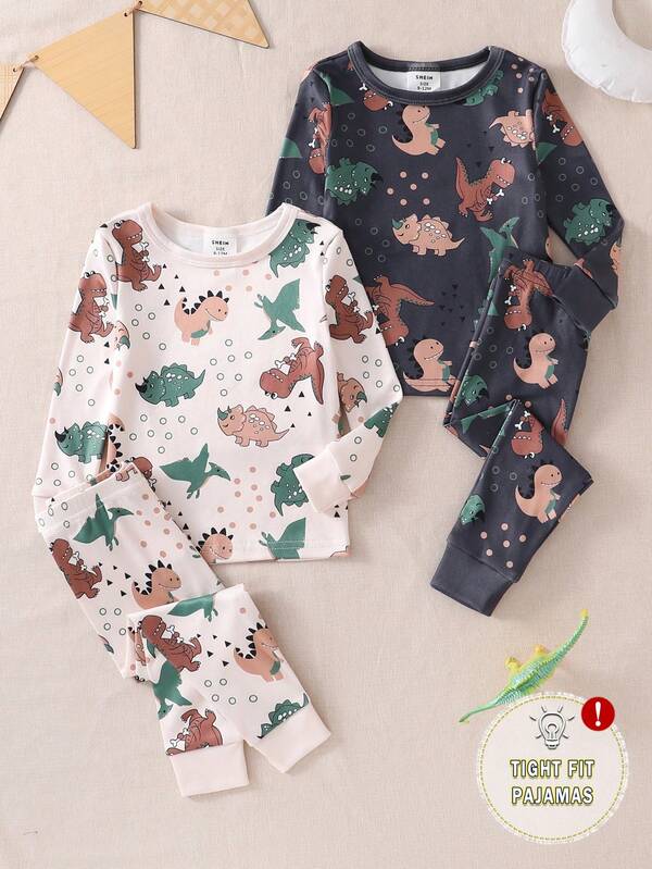 Baby Boys Snug Fit Tight Fit Pajamas-2 Piece Pajama Set Dinosaur Print Crewneck Long Sleeve Top And Long Pants Two Piece Sleepwear Set For Infants Toddlers 2026 New Year Holiday Essentials Gentle Stretch Snug Fit Breathable Soft Nightwear Playtime Gift Stylish