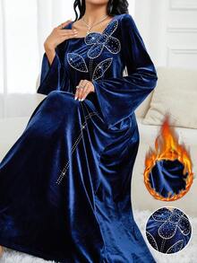 Al Najma Women's Elegant Party Rhinestone Decorated Arabic Style Dress Velvet Long Sleeve Dress Luxury Dress For Women - Blue - View 1