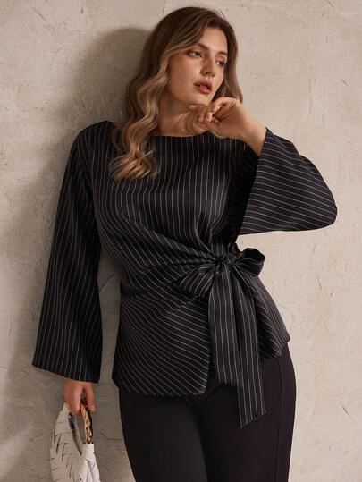 Elegantrix 大码女式条纹系带喇叭袖休闲衬衫，秋冬款