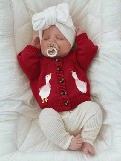SHEIN Newborn Baby Girl Cute Cartoon Pattern Knitted Cardigan, Versatile For Autumn/Winter