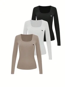 EMERY ROSE Women's Minimalist Horse Pattern Round Neck Fitted Long Sleeve T-Shirt, Autumn - Multicolor - View 4