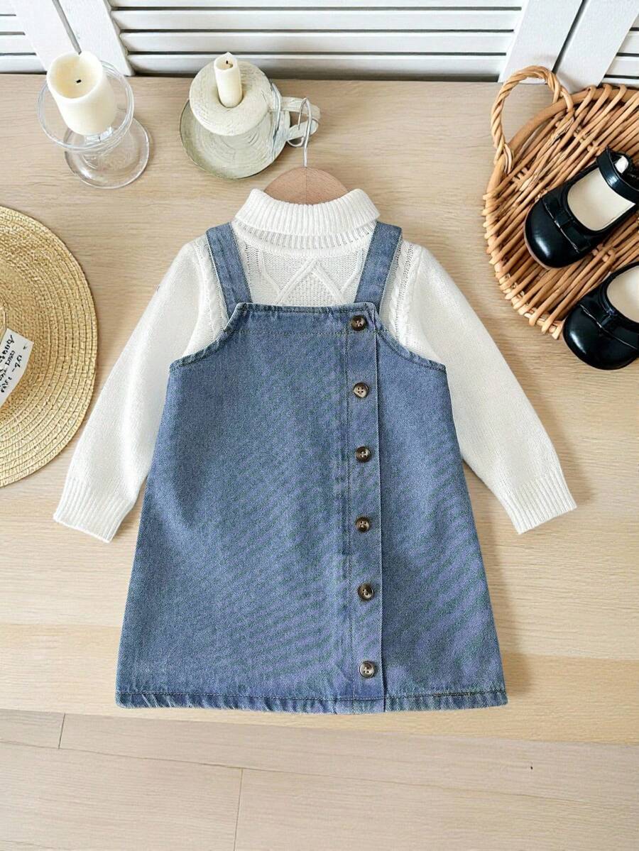 LMoss Kids 女婴蓝色牛仔背带裙 - 卡其色 - 查看 1