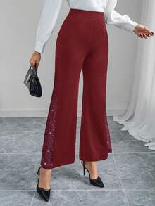 SHEIN Clasi Women's Elegant Mesh & Glitter Splice Black Slim Straight Wide Leg Pants, Suitable For Commuting, Casual Everyday Wear, Spring/Summer,Fall,Fall Clothes For Women,Women's Winter Clothes - Burgundy - View 6