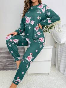 Women Floral Print Long Sleeve Top And Pants Pajama Set, Fall & Winter Clothes - Teal Blue - View 4