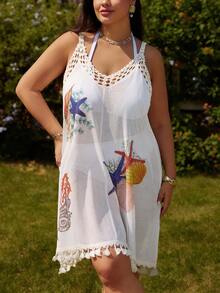 Swim Vcay Plus Size Women Starfish Print Sleeveless Cover Up Dress, Suitable For Beach Vacation - White - View 1