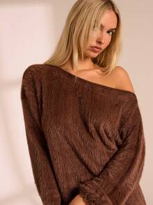 Glamine 女士性感不对称肩部加绒加厚长袖宽松上衣和加厚长款阔腿裤两件套 - 咖啡棕 - 查看 7