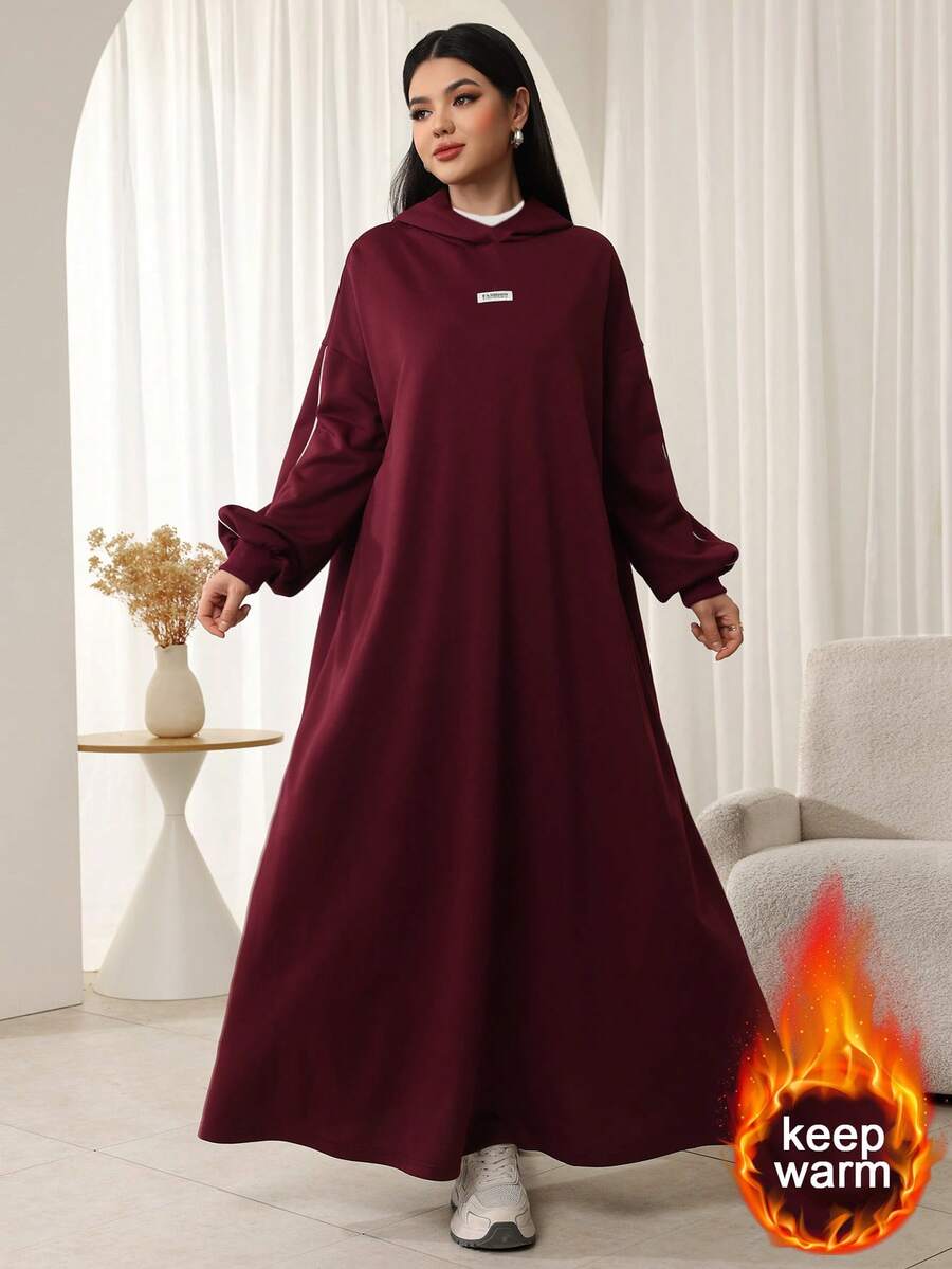 SHEIN Najma 女士连帽二合一罗纹长袖连衣裙 - 酒紅色 - 查看 1