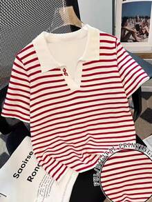 SHEIN Blusa Casual Solta de Manga Curta com Listras para Mulheres - Multicolorido - Visão 1