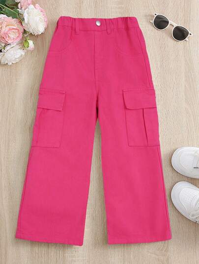 Young Girl' Street Chic Big Pocket Wide Leg Cargo Jeans Pink Pants For Girls Pink Cargo Pants Kids Wide Leg Pants Girls Cotton Pants